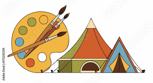 Camping art supplies: paintbrushes and palette next to colorful tents. Perfect for summer adventures, nature illustrations, or hobby websites