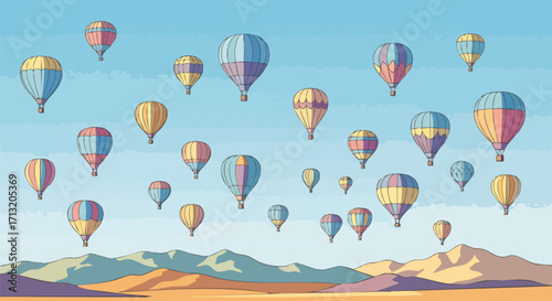 Cartoon illustration of hot air balloons floating over a desert landscape, creating a whimsical and cheerful scene