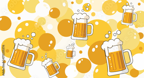 Cartoon illustration of beer mugs with bubbles on a white and yellow background. Perfect for pub, brewery or bar promotions and related products