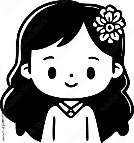 Minimalist cartoon girl with flower in hair illustration