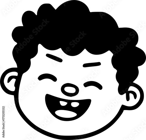 Cartoon face of a laughing boy with curly hair