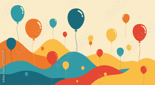 Colorful balloons float over abstract hills in a vibrant, playful scene. Perfect for children's books, party invitations, or celebratory designs