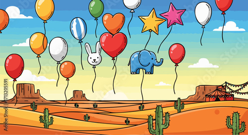 Colorful cartoon balloons, including unique animal and shape designs, float over a vibrant desert landscape with mesas, cacti, and a circus tent