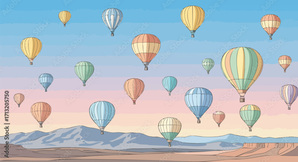 Obraz premium Colorful hot air balloons ascend in a stylized illustrated landscape under a pastel sky. The cheerful scene conveys adventure, travel, and freedom