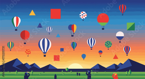 Colorful geometric hot air balloons float over a vivid landscape during sunrise