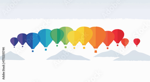 Colorful hot air balloons ascend above stylized mountains, with a sky backdrop