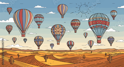 Colorful hot air balloons float above a desert landscape under a bright sky