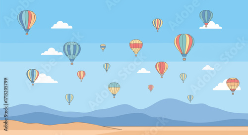 Colorful hot air balloons fill a bright blue sky above a serene mountain and desert landscape. This whimsical vector art evokes freedom and joy