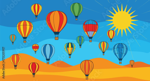 Colorful hot air balloons float over a desert landscape in this vector illustration