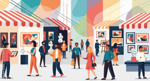 Colorful illustration depicts a vibrant art fair with people browsing paintings and sculptures