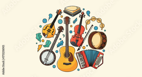 Colorful illustration of various musical instruments arranged in a circle. Perfect for music websites, blogs, or event posters