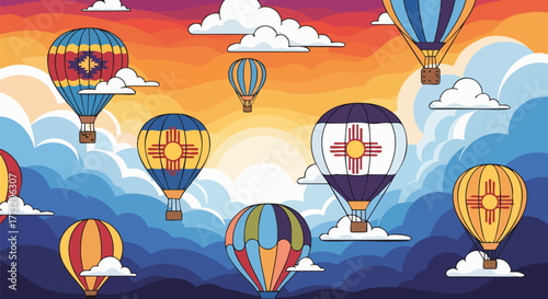 Colorful vector art shows hot air balloons in a vibrant sky with clouds. The New Mexico Zia symbol suggests a festive, adventurous mood
