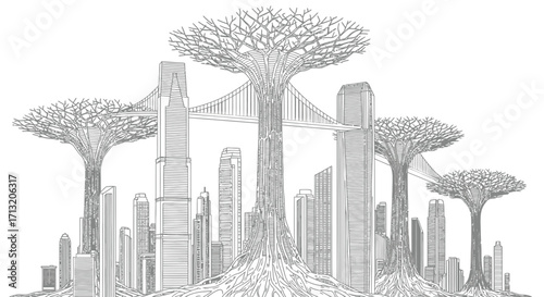 Futuristic Cityscape with Tree-like Structures Supporting Buildings and Bridges in a Modern Design