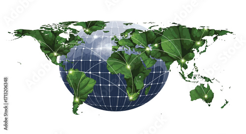 Global Green Network Illustration with Leaf-Shaped Continents and Solar Panel Globe