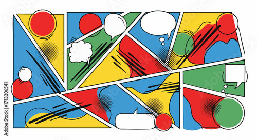 Comic book page design. Modern pop art style with halftone effects, speed lines, and speech bubbles