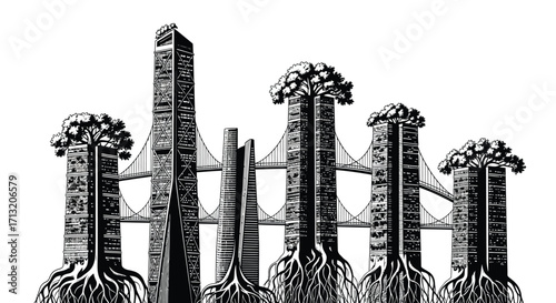Futuristic Cityscape with Trees Atop Buildings Symbolizing Sustainable Urban Development and Green Architecture