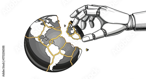 Robotic Hand Repairing Broken Globe Symbolizing Technological Solutions for Global Challenges
