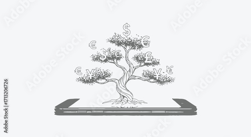 Digital Finance Growth Concept Depicting Currency Symbols Sprouting from a Smartphone Screen in Gray Scale