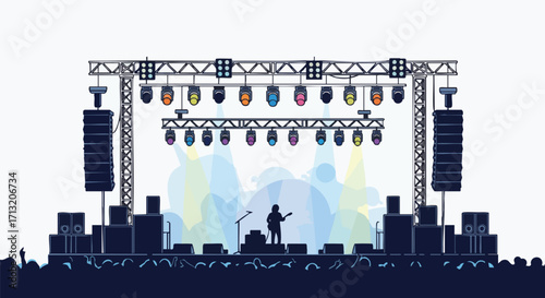 Concert stage illustration. Musician silhouette performing live music on stage with lighting and sound equipment. Excited crowd in attendance