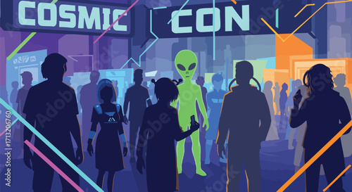 Cosmic Con illustration depicting a crowd of people and an alien at a science fiction convention