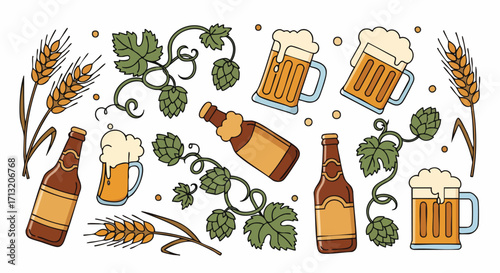 Cute beer-themed illustration featuring beer bottles, mugs, hops, and wheat