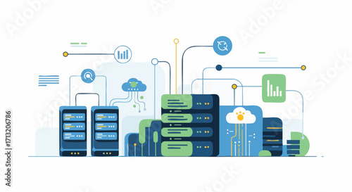 Data center network illustration. Servers, cloud computing, and data connections are depicted in a modern, stylized design
