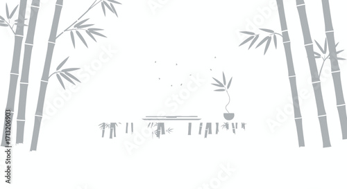 Serene Bamboo Garden A Tranquil Scene with Table and Plants in a Peaceful Asian Setting