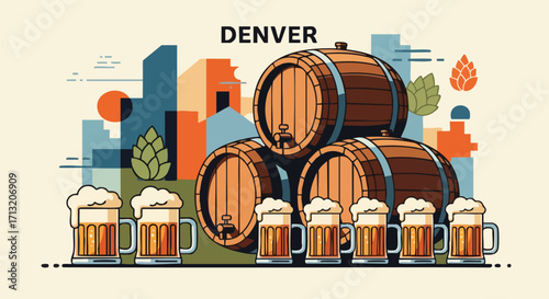 Denver brewery concept illustration. Beer mugs and wooden barrels of craft beer create a festive mood in the city