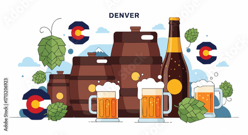 Denver craft beer scene illustration. Featuring beer barrels, mugs filled with refreshing beer, and Colorado state flag icons