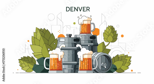 Denver themed illustration featuring beer, hops and kegs, a fun design concept