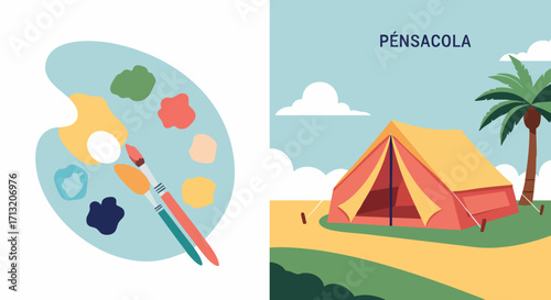 Digital art illustration of Pensacola, Florida, art scene and outdoor camping lifestyle