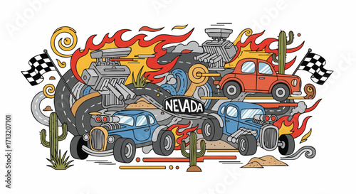 Doodle illustration of hot rods and classic cars racing in the Nevada desert