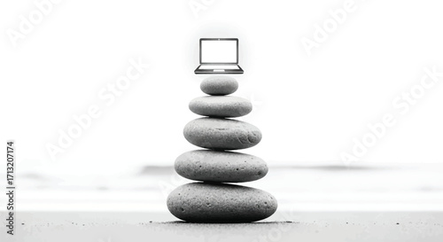 Digital Nomad Equilibrium Laptop on Stone Stack Beach Serenity Remote Work Balance Technology Harmony