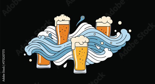 Dynamic graphic illustration of frothy beer glasses amidst blue and white waves on a black background. Captures refreshment and celebration