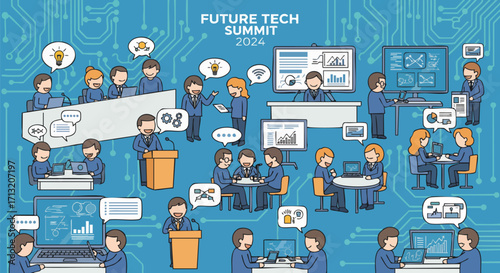 Dynamic illustration of Future Tech Summit 2024. Professionals collaborate, present, and analyze data in a vibrant digital environment