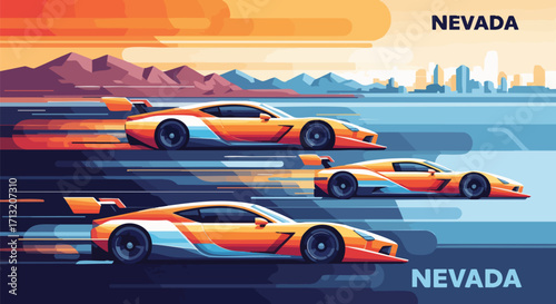 Dynamic vector art illustration featuring sleek race cars speeding across a vibrant Nevada landscape