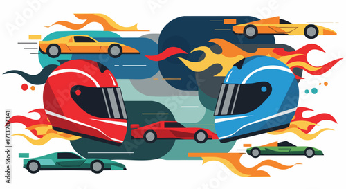 Dynamic vector illustration of a thrilling race with red and blue helmets and various sports cars. Fiery accents convey speed and competition