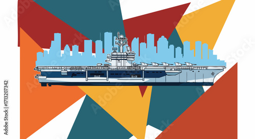 Dynamic vector illustration of a powerful aircraft carrier with a modern city skyline backdrop