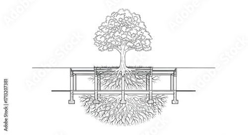 Detailed Tree Root System Infrastructure Illustration Underground Support Structure Concept Design