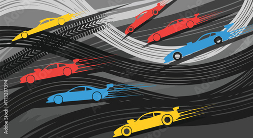 Dynamic vector illustration of race cars speeding on a track. This design conveys speed and motion