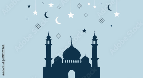 Eid Mubarak design with a mosque silhouette against a light blue background, decorated with moons and stars