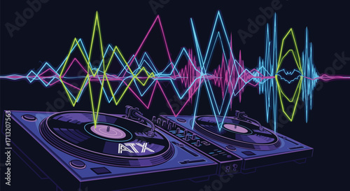 Electro turntables with sound waves illustration. Nightclub scene with DJ equipment