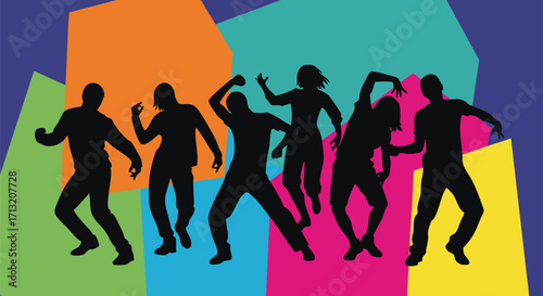 Energetic silhouettes of people dancing with a colorful geometric background. This vector illustration depicts movement, motion, and celebration