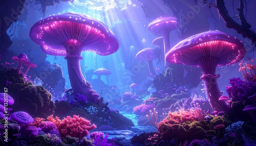 A vibrant, glowing subterranean landscape filled with luminous mushrooms and colorful coral-like flora.