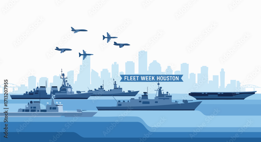 Fototapeta premium Flat design illustration for Fleet Week Houston. Naval warships and fighter jets parade over a blue city skyline