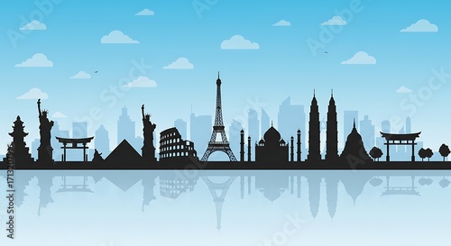 World Travel Concept with Famous Landmark Silhouettes