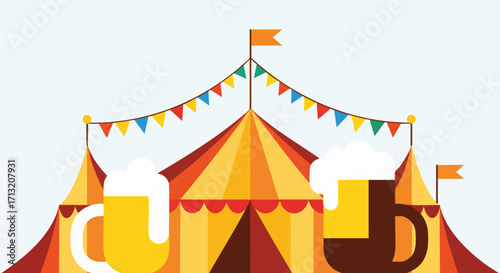 Flat design illustration of a vibrant striped tent with bunting and two frothy beer mugs. Perfect for Oktoberfest or any festive celebration