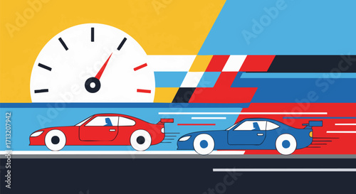 Flat design illustration of red and blue sports cars racing on a track