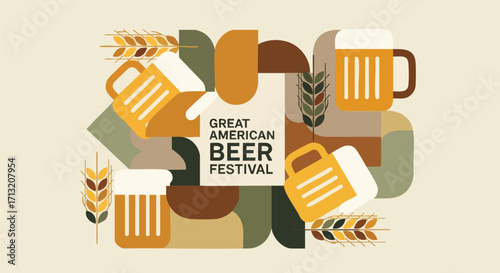Flat design illustration of Great American Beer Festival. Stylized beer mugs, wheat, and geometric shapes are arranged in warm, earthy tones