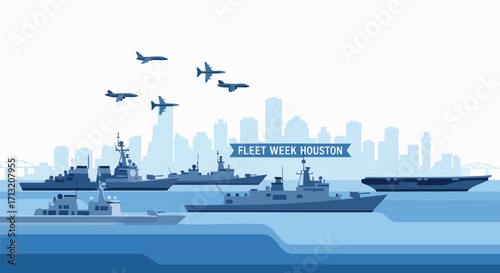Flat design illustration for Fleet Week Houston. Naval warships and fighter jets parade over a blue city skyline